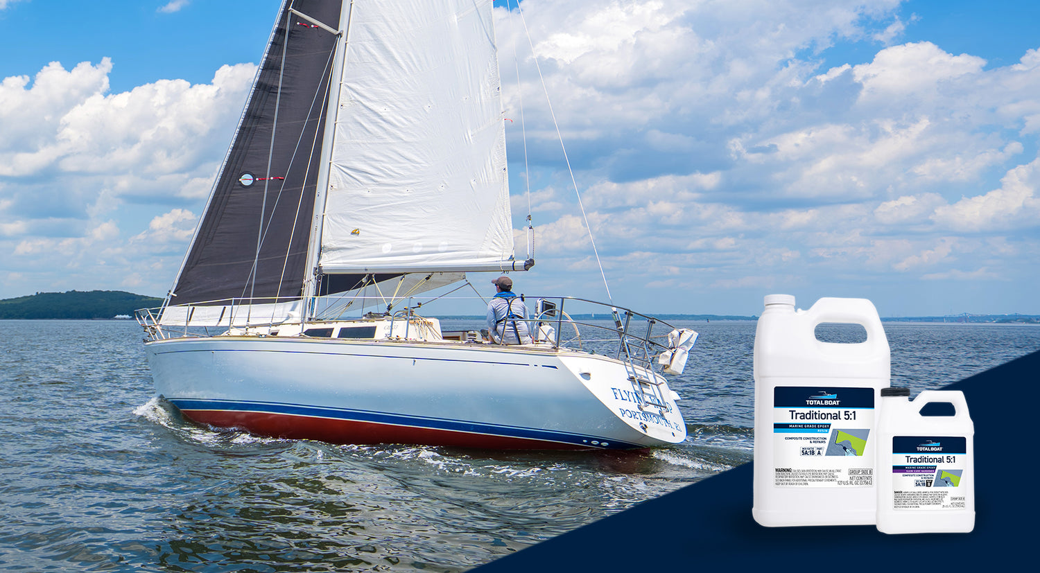 TotalBoat Traditional 5:1 Epoxy Resin with Sailboat on the Water in the Background