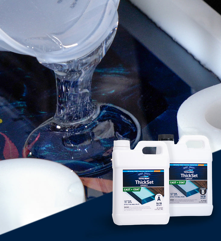 TotalBoat ThickSet Epoxy Resin Shown with Clear Pour into Silicone Mold in Background