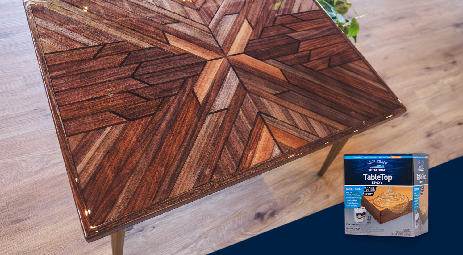 TotalBoat TableTop Epoxy Resin Shown with Coated Wooden Table in Background