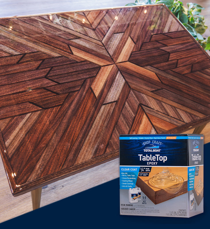 TotalBoat TableTop Epoxy Resin Shown with Coated Wooden Table in Background