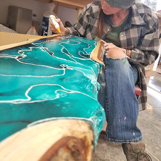 MakerPoxy Crystal Clear Artist’s Resin by Jess Crow - Jess Crow working on a live edge river table