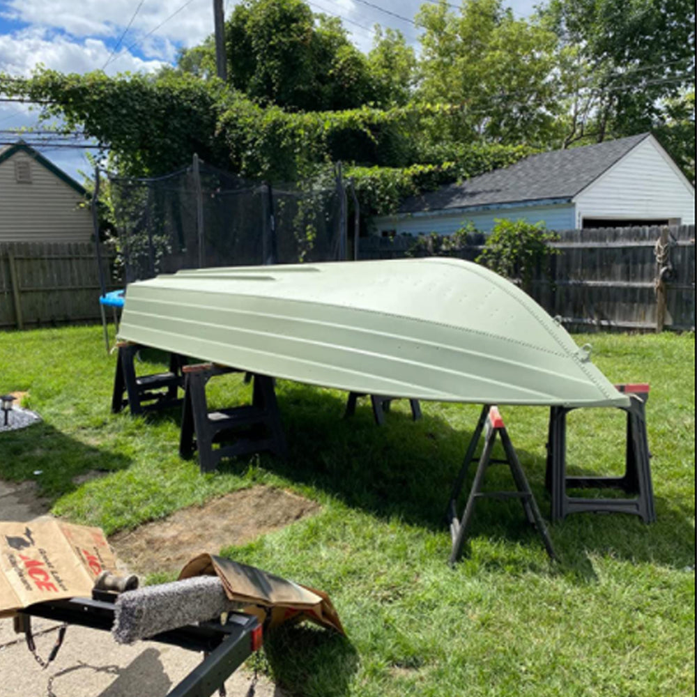 TotalBoat Aluminum Boat Topside Paint Army Green on a boat