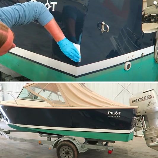 TotalBoat Dewaxer & Surface Prep Solvent being applied to a boat, before and after