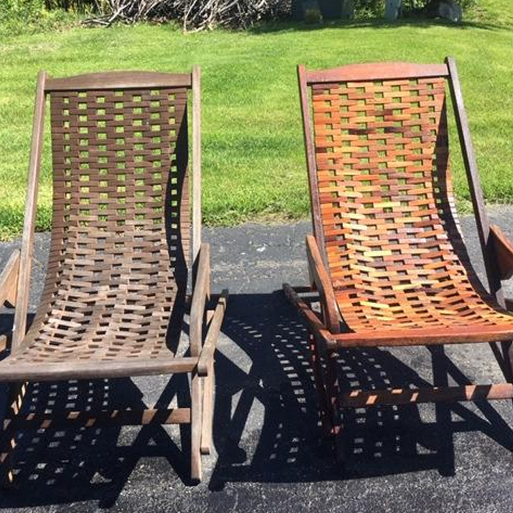 TotalBoat 2-Part Teak Wood Cleaner and Brightening System before and after on outdoor chairs