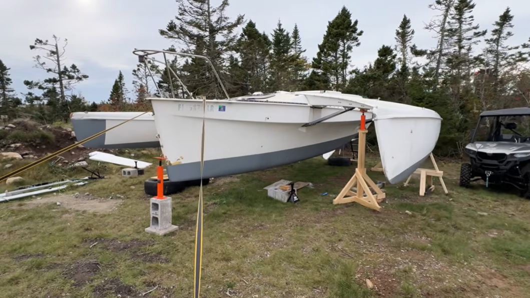 picture of boat with bottom paint primer in grey outdoors