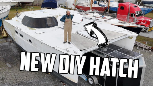 New DIY Hatch text over Mads standing on his catamaran