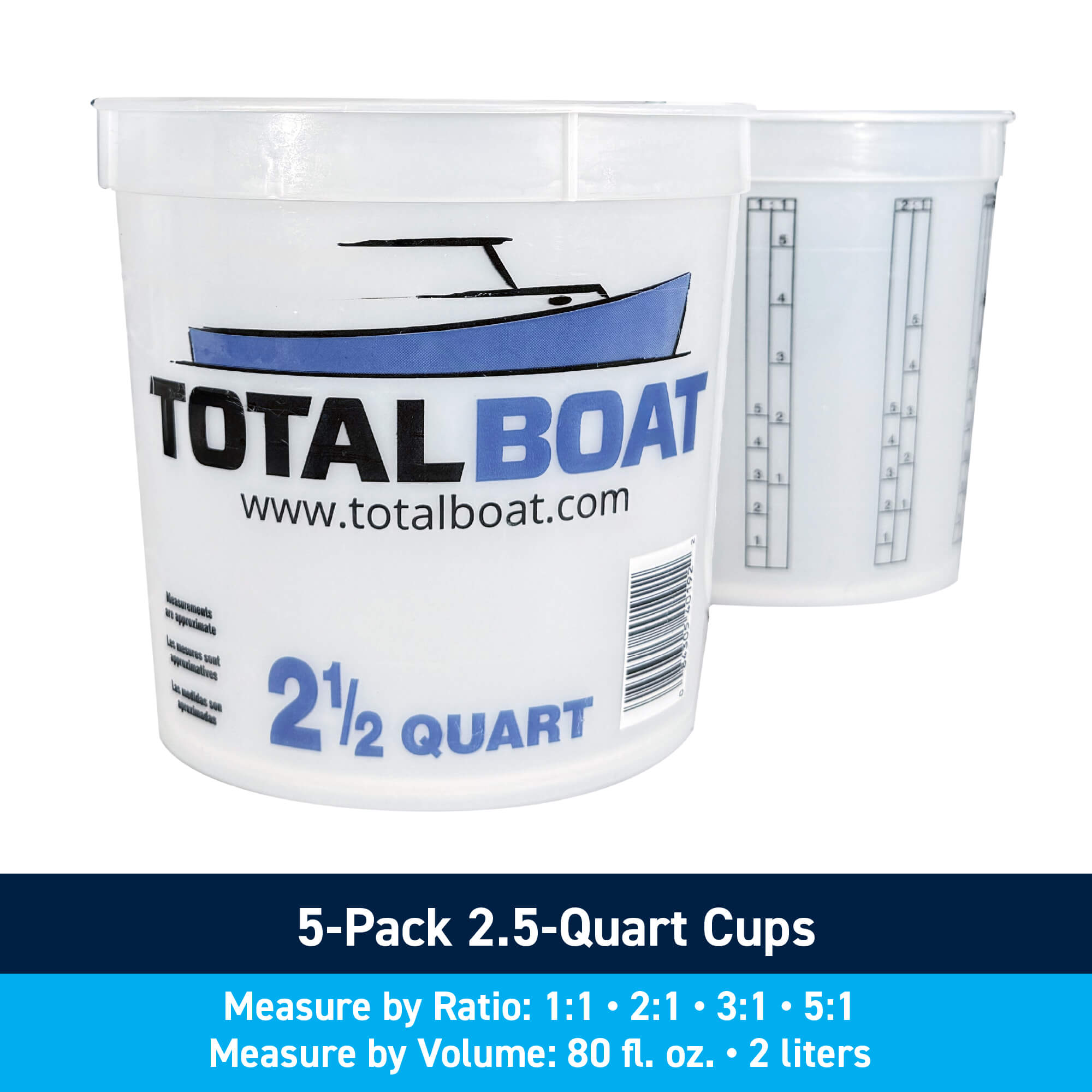 Plastic Paint Pails and Epoxy Mixing Cups: 5-Pack 2.5-Quart Cups