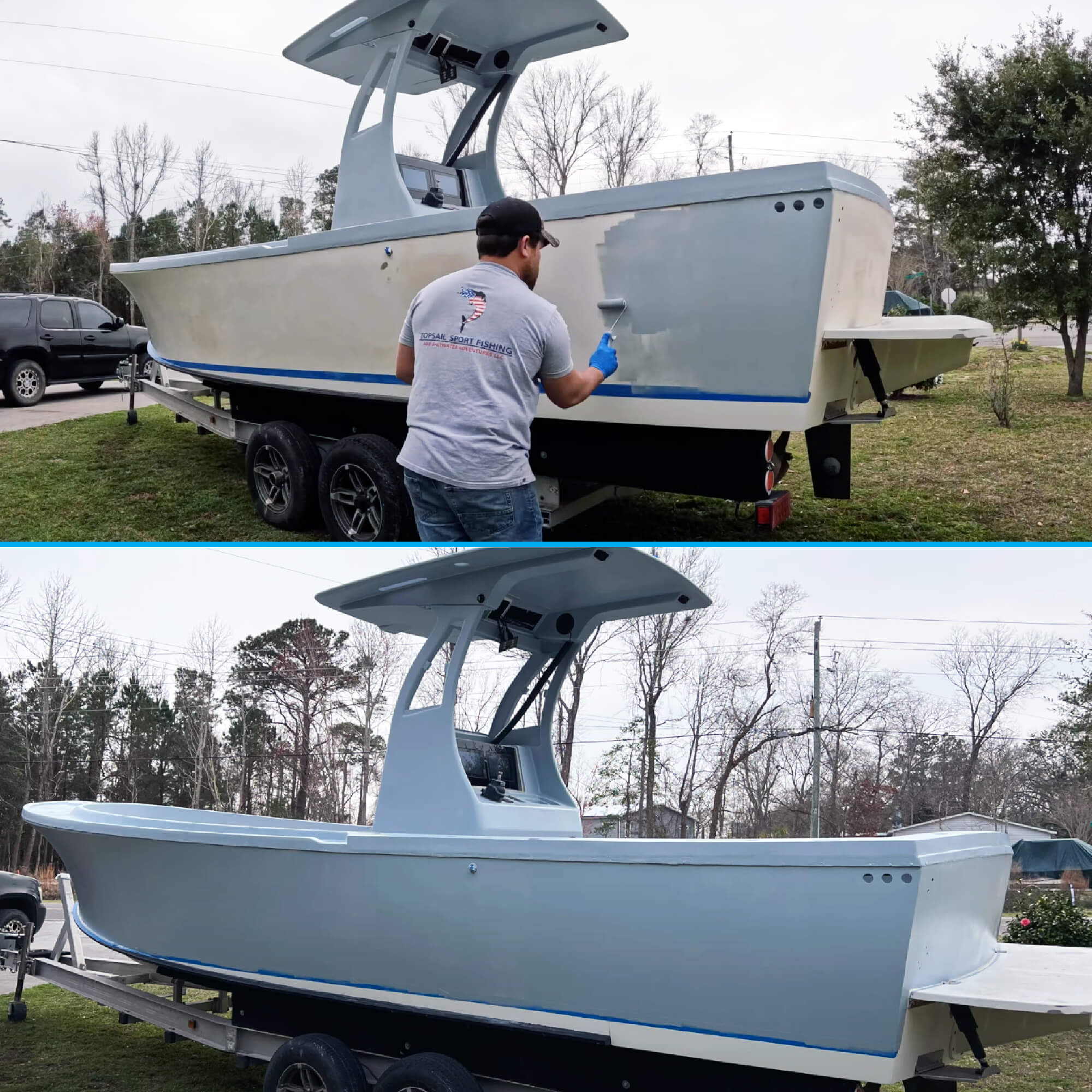 TotalBoat Wet Edge Topside Paint: Being applied to a fishing boat