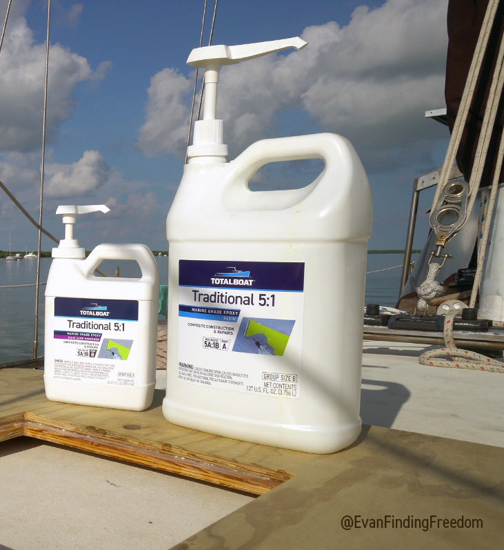 A plywood being adhered with TotalBoat Traditional 5:1 Epoxy on the deck of a sailboat at sea.