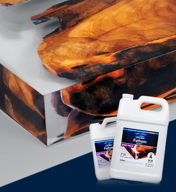 TotalBoat Fathom Epoxy Resin Shown as Clear Coating on Live Edge Wood Shelf Corner