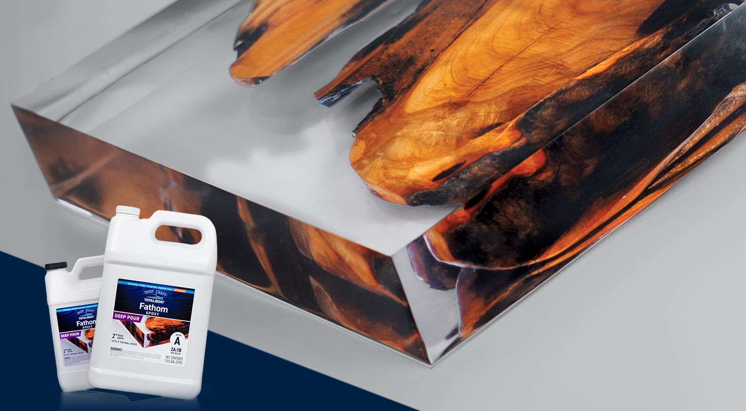 TotalBoat Fathom Epoxy Resin Shown as Clear Coating on Live Edge Wood Shelf Corner