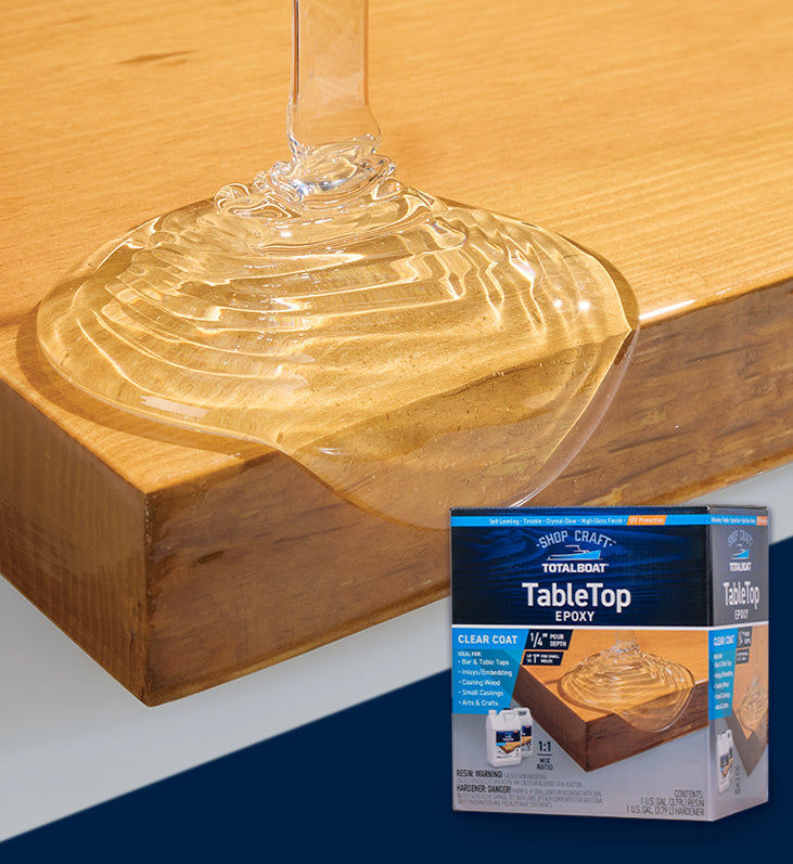 TotalBoat TableTop Epoxy Resin Shown as a Clear Pour on Wooden Counter Corner