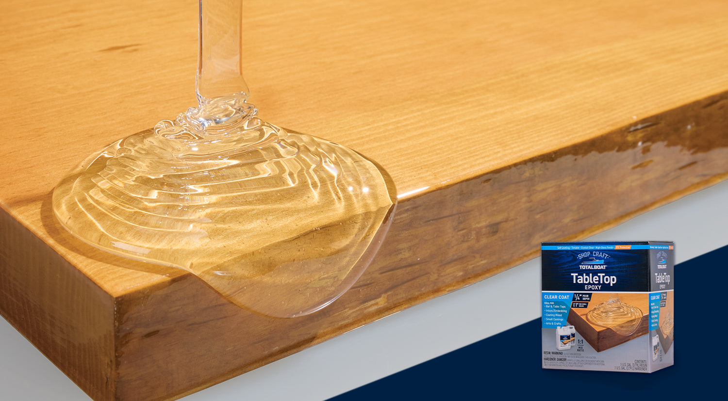 TotalBoat TableTop Epoxy Resin Shown as a Clear Pour on Wooden Counter Corner