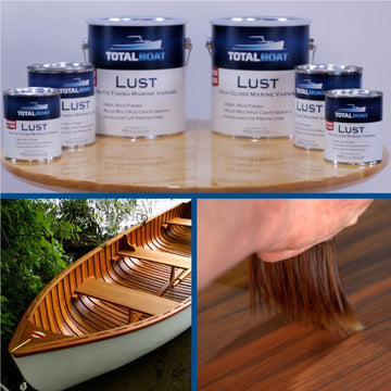 TotalBoat Lust all sizes, on a finished boat, being brushed on wood