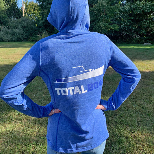 TotalBoat Hooded Logo Sleeve Wicking Fleece Sweatshirt back ladies on model