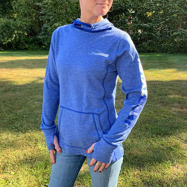 TotalBoat Hooded Logo Sleeve Wicking Fleece Sweatshirt front ladies on model