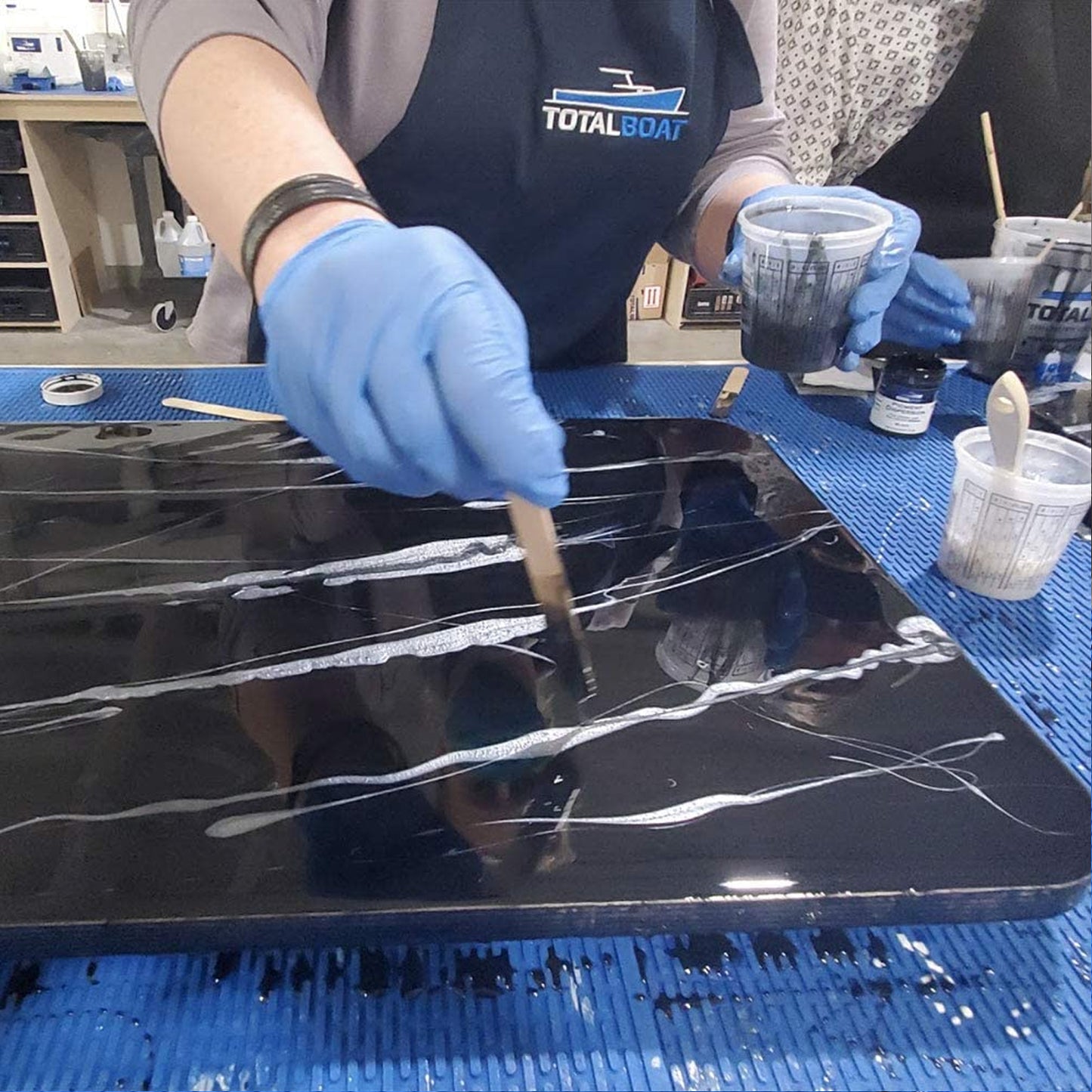 TotalBoat Epoxy Black Marble Effect Countertop Gallon Kit applying lighter colors for marbling