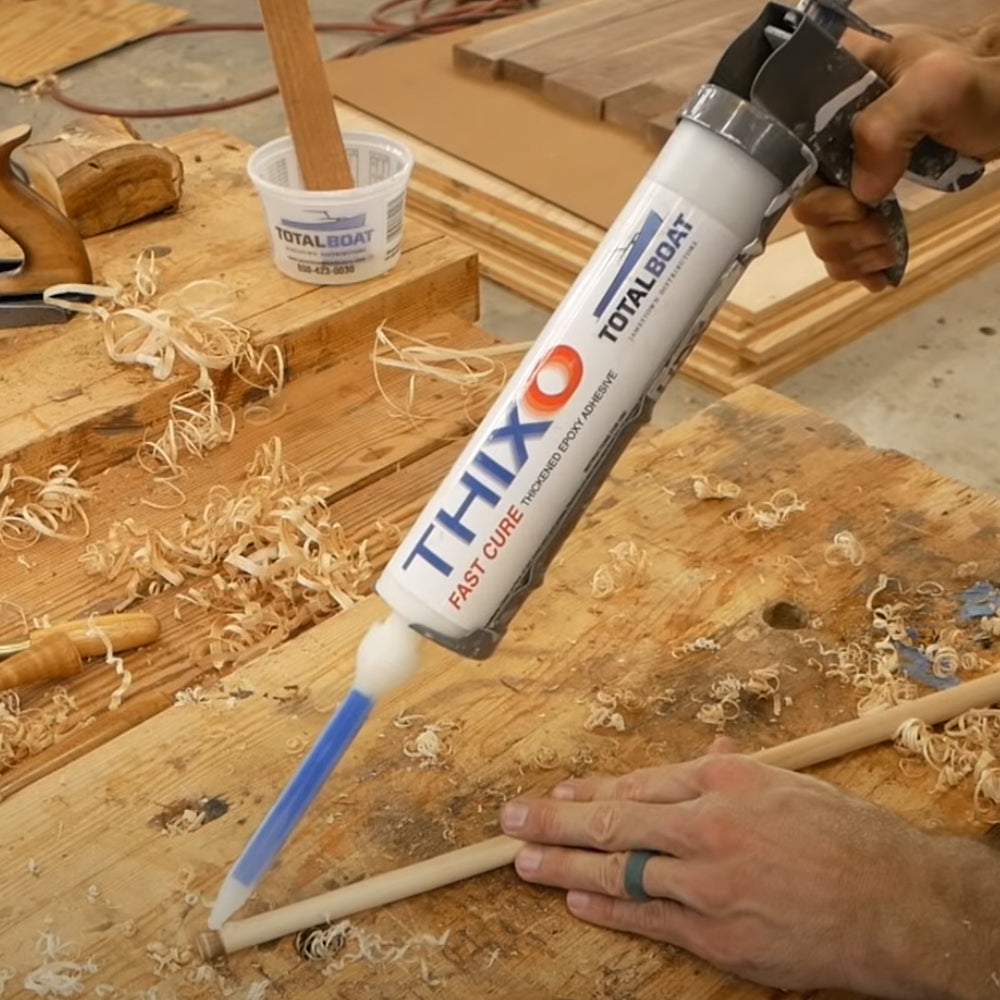 TotalBoat Thixo Fast Cure 2:1 Epoxy Adhesive preparing to secure a dowel