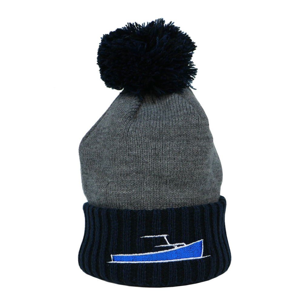 TotalBoat Winter Logo Beanie Pom Pom / Heather Gray with Navy Cuff / One Size